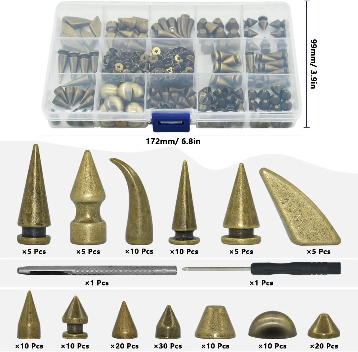 150 Sets Punk Spikes and Studs, 13 Shape Cone Spikes Leather Rivets Gothic Screw Back Studs with Install Tools for DIY Necklace Jacket Vest Shoes Boot Belts Bags Leather Crafts (Bronze)