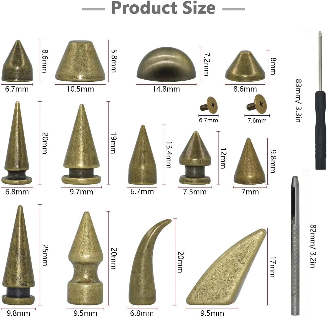 150 Sets Punk Spikes and Studs, 13 Shape Cone Spikes Leather Rivets Gothic Screw Back Studs with Install Tools for DIY Necklace Jacket Vest Shoes Boot Belts Bags Leather Crafts (Bronze)
