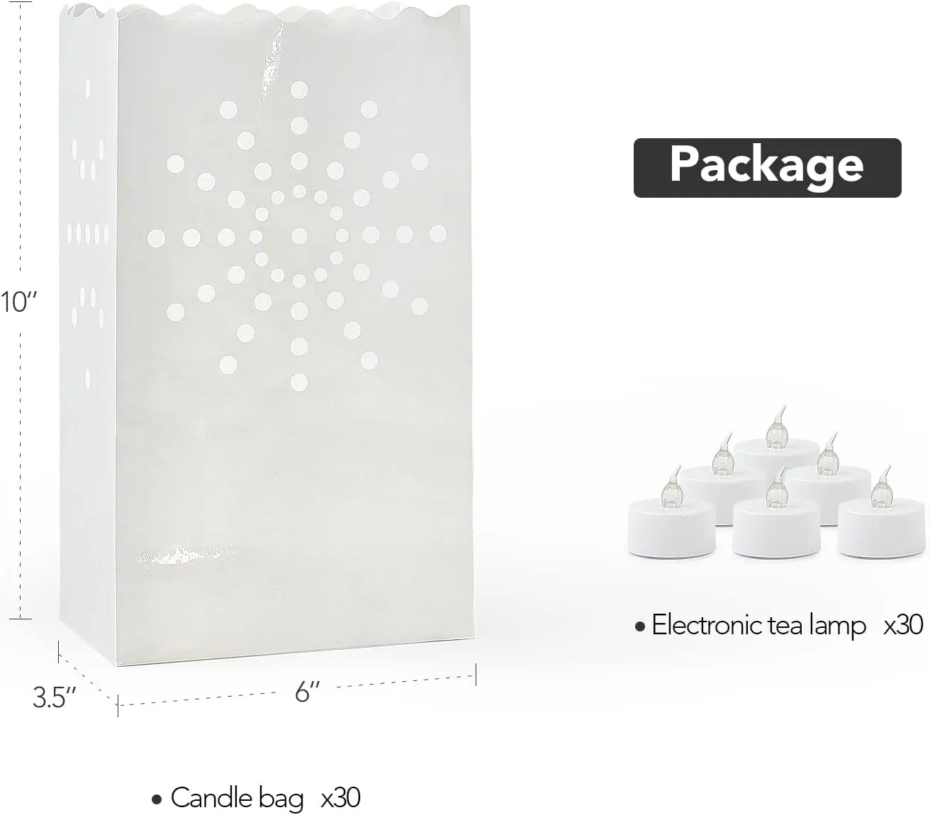 AceList 30 Set Luminaries Bag with Flameless Candles Flickering LED Tea Lights with Paper Luminary Bags Battery Operation for Wedding Party,Halloween, Thanksgiving, Christmas DecorationSun