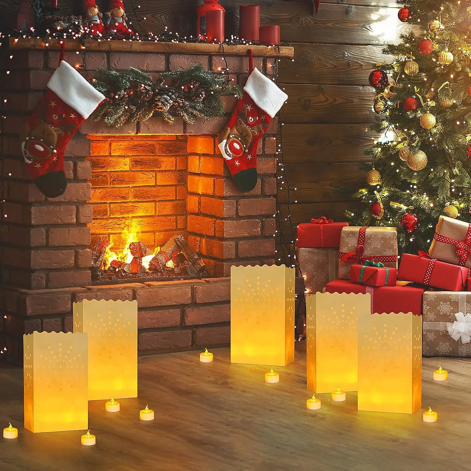 AceList 30 Set Luminaries Bag with Flameless Candles Flickering LED Tea Lights with Paper Luminary Bags Battery Operation for Wedding Party,Halloween, Thanksgiving, Christmas DecorationSun