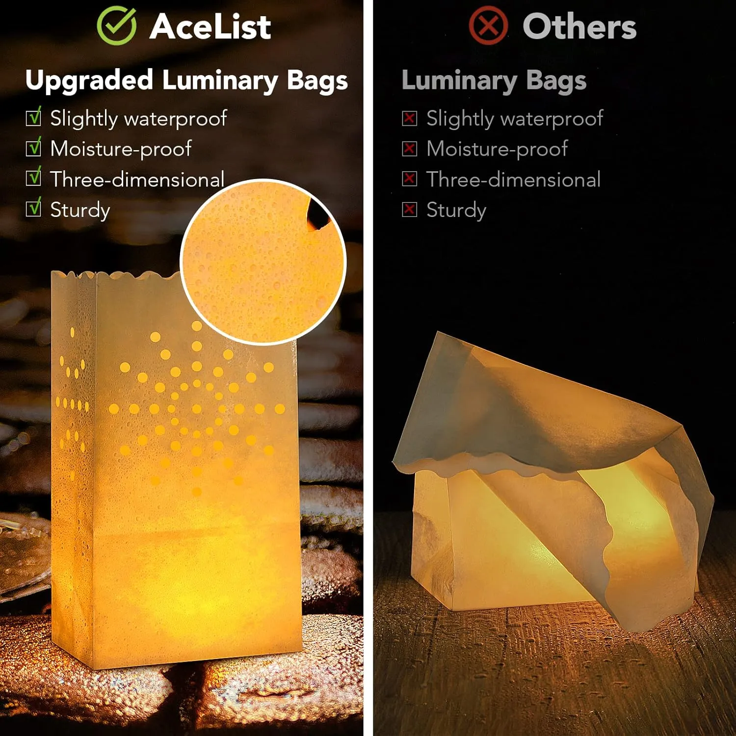 AceList 30 Set Luminaries Bag with Flameless Candles Flickering LED Tea Lights with Paper Luminary Bags Battery Operation for Wedding Party,Halloween, Thanksgiving, Christmas DecorationSun