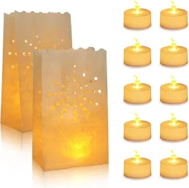 AceList 30 Set Luminaries Bag with Flameless Candles Flickering LED Tea Lights with Paper Luminary Bags Battery Operation for Wedding Party,Halloween, Thanksgiving, Christmas DecorationSun