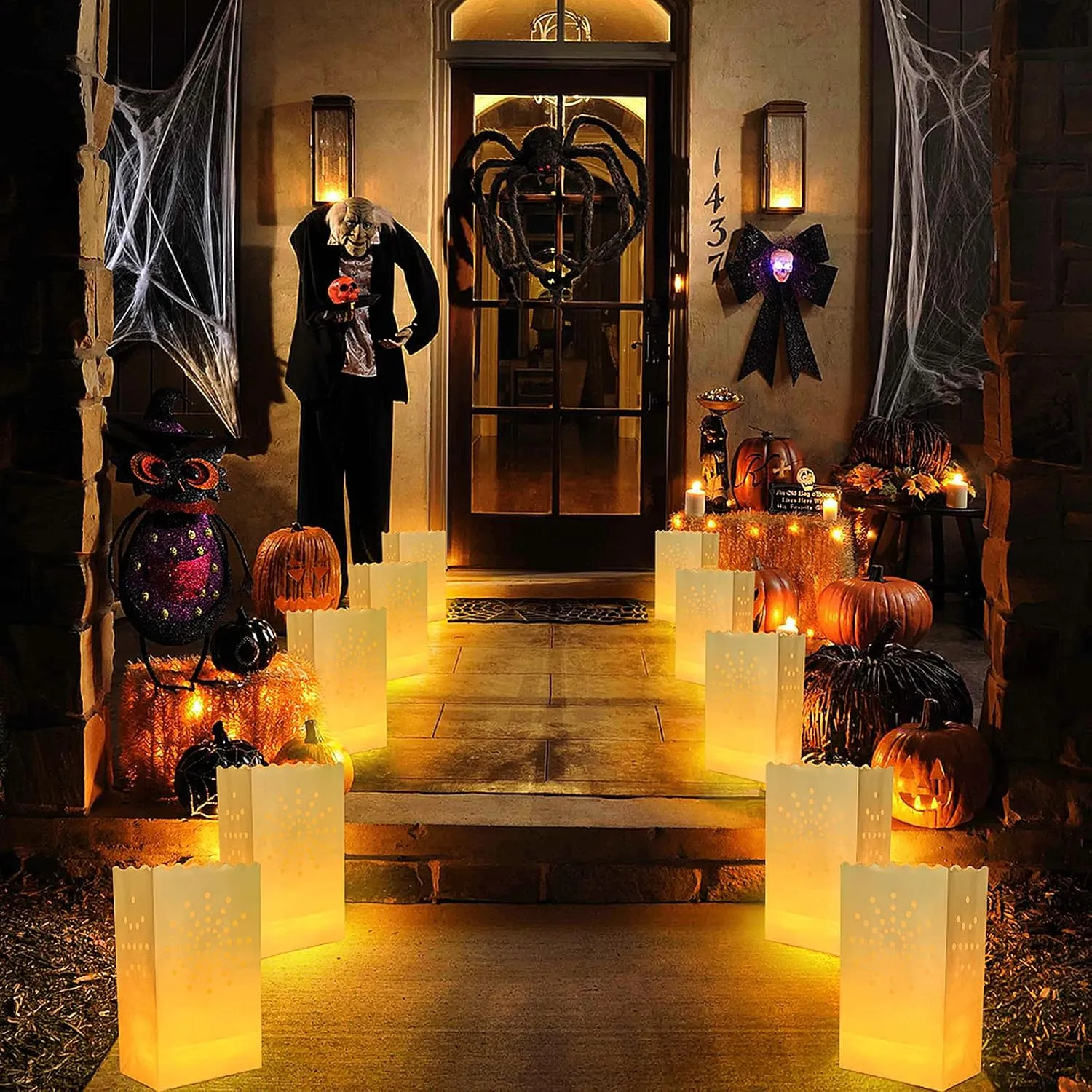 AceList 30 Set Luminaries Bag with Flameless Candles Flickering LED Tea Lights with Paper Luminary Bags Battery Operation for Wedding Party,Halloween, Thanksgiving, Christmas DecorationSun