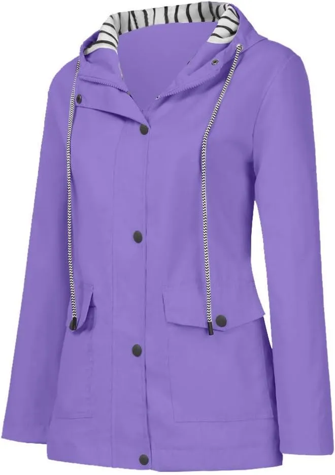 Aniywn Women Plus Size Rain Jacket Outdoor Waterproof Windproof Hooded Raincoat Casual Lightweight Jacket for Hiking Travel