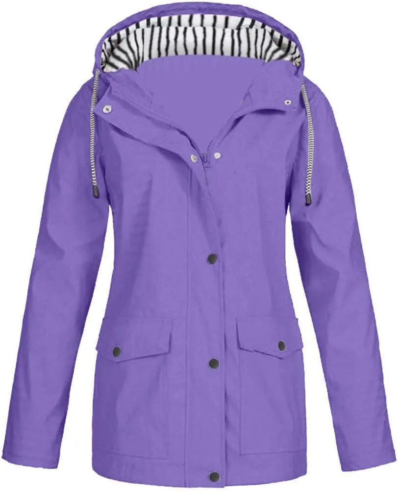 Aniywn Women Plus Size Rain Jacket Outdoor Waterproof Windproof Hooded Raincoat Casual Lightweight Jacket for Hiking Travel