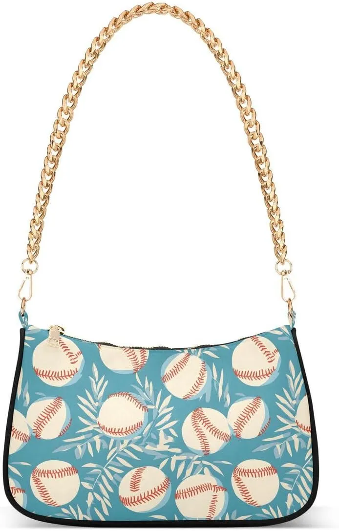 Baseball Leaves Blue Tote Bag Hobo Handbag Shoulder Bag for Women Ladies Mini Clutch Purse with Zipper Closure