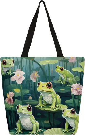 Canvas Tote Bag Pond Green Frogs Large Women Reusable Grocery Bag Casual Shoulder Bag Handbag, Lotus Multipurpose Heavy Duty Shopping Grocery Bag Beach Bag Outdoor