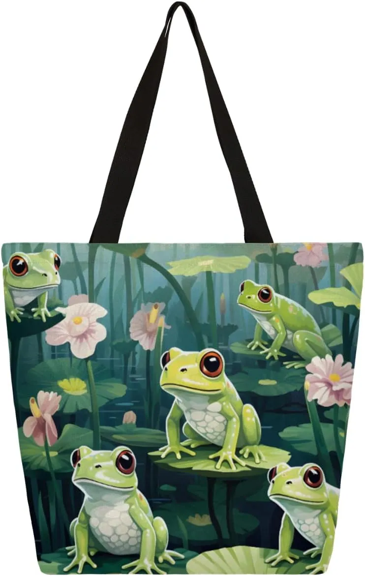 Canvas Tote Bag Pond Green Frogs Large Women Reusable Grocery Bag Casual Shoulder Bag Handbag, Lotus Multipurpose Heavy Duty Shopping Grocery Bag Beach Bag Outdoor