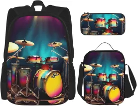 Cool Drums Set Print Pencil Case Lightweight Casual Fashion Backpack Lunch Bag Large Capacity Travel Bag