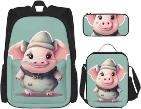 Cute Pig Print Pencil Case Lightweight Casual Fashion Backpack Lunch Bag Large Capacity Travel Bag