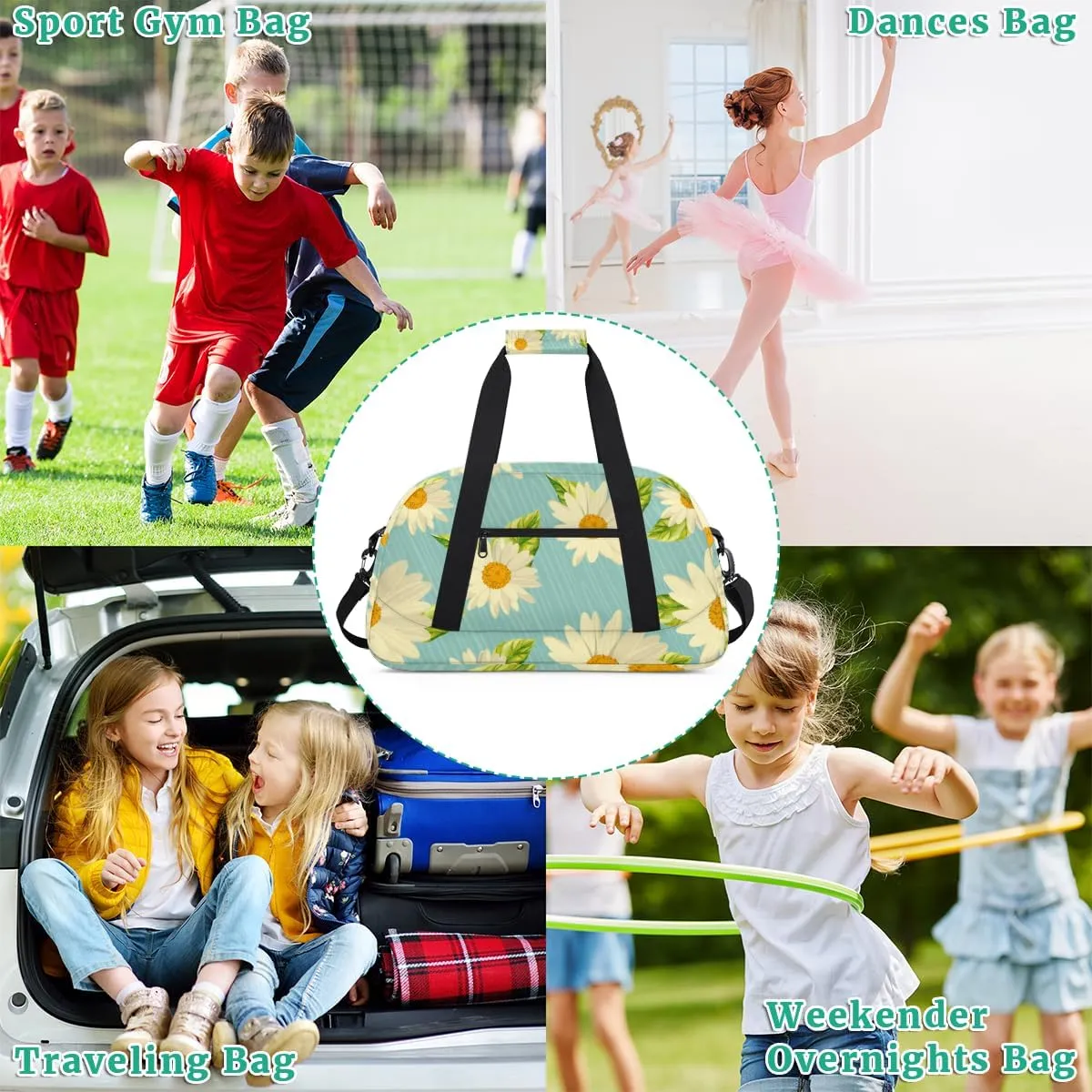 Daisy Print Boys Girls Gym Bag Dance Perform Training Duffel Bags Weekender Carry-On Tote Luggage Bag Ideal for School Practice or Overnight Trips Daisy