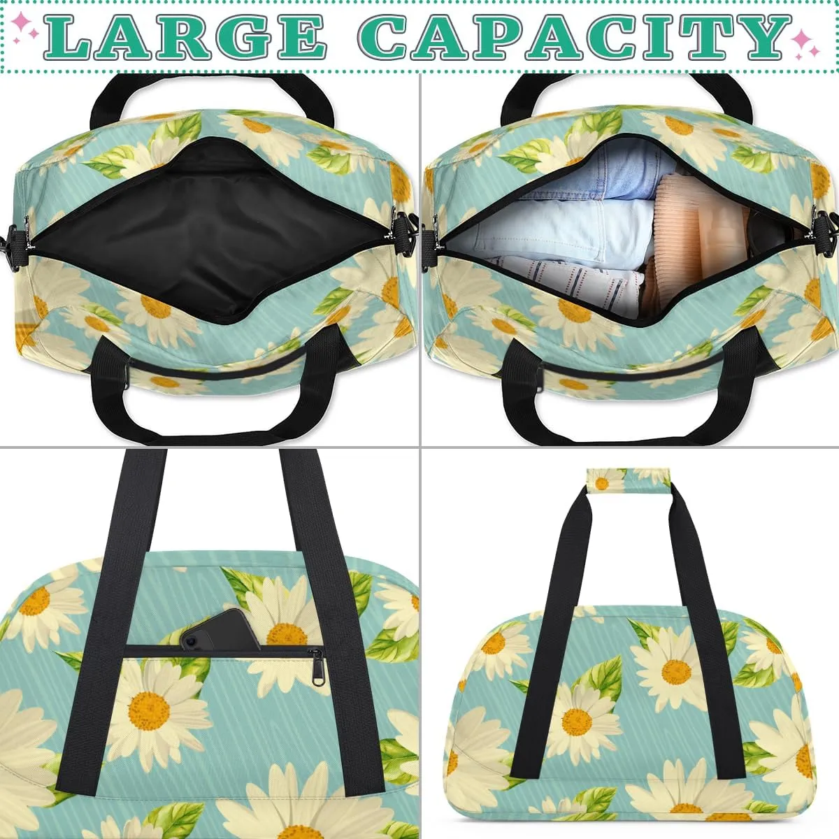 Daisy Print Boys Girls Gym Bag Dance Perform Training Duffel Bags Weekender Carry-On Tote Luggage Bag Ideal for School Practice or Overnight Trips Daisy