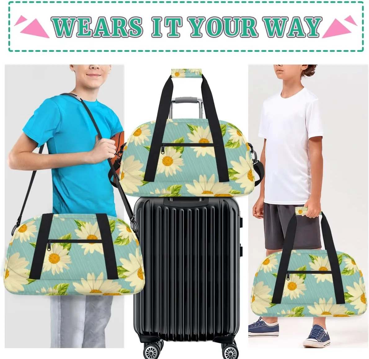 Daisy Print Boys Girls Gym Bag Dance Perform Training Duffel Bags Weekender Carry-On Tote Luggage Bag Ideal for School Practice or Overnight Trips Daisy