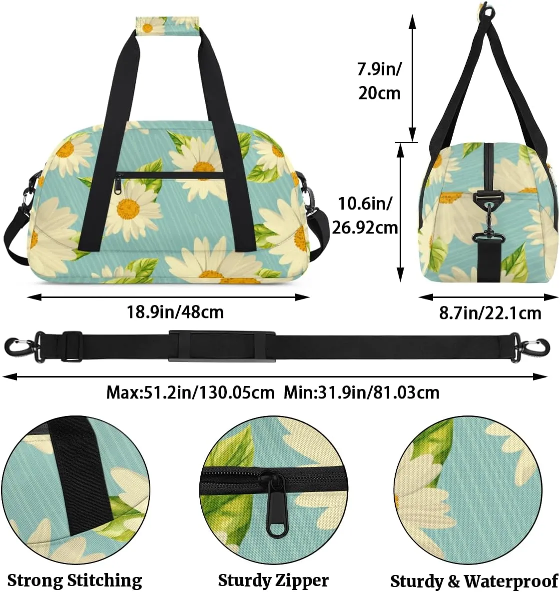 Daisy Print Boys Girls Gym Bag Dance Perform Training Duffel Bags Weekender Carry-On Tote Luggage Bag Ideal for School Practice or Overnight Trips Daisy