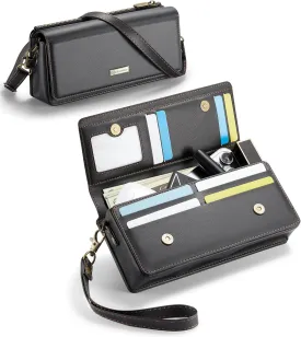 Dteck PU Leather Cell Phone Bag with Shoulder Strap and Wrist Strap Lanyard, 8 Card Slots, RFID Blocking, Zipper Pocket, Magnetic Snap Closure, Small Casual Crossbody Handbag Purse for Women, Black