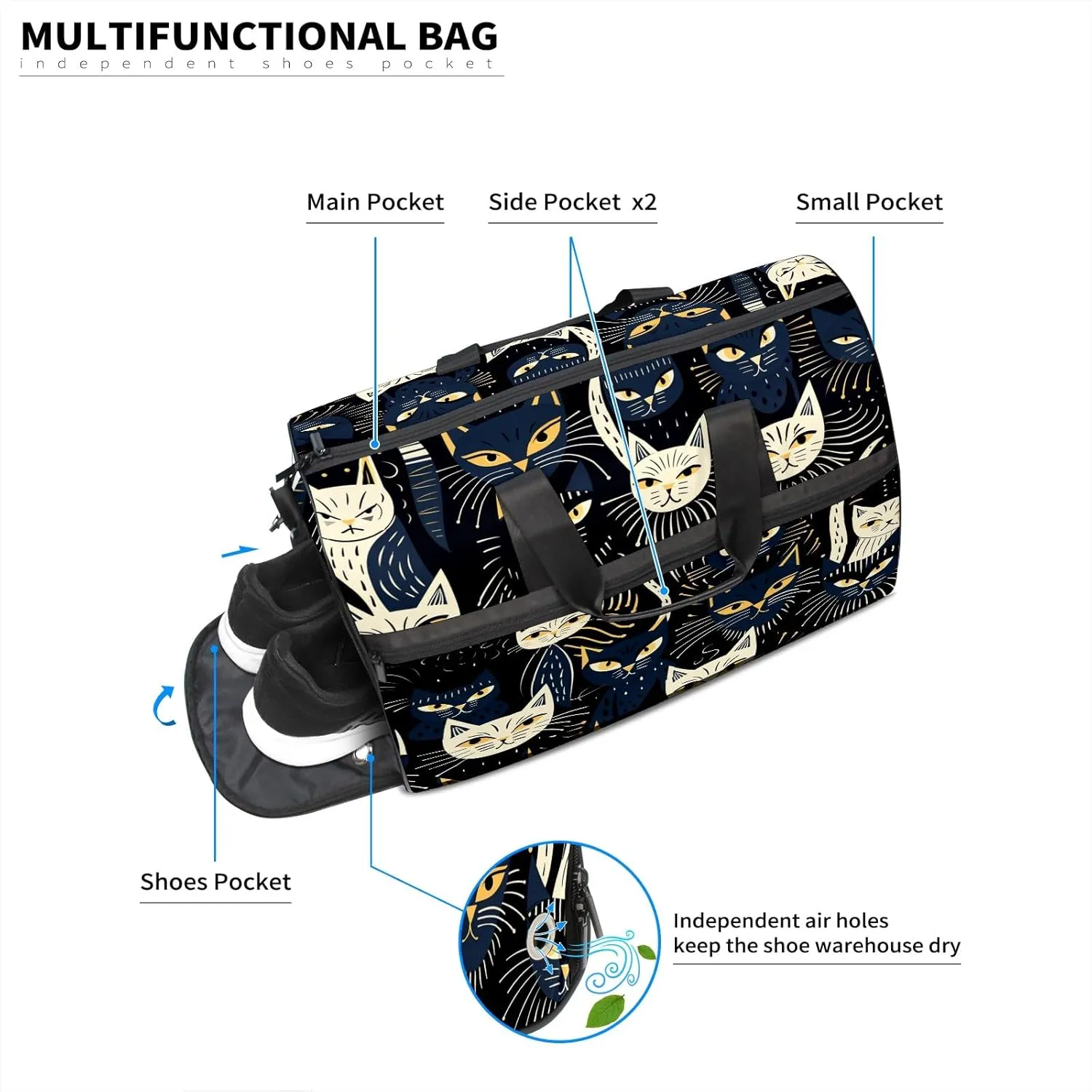 Gym Bag for Women, Carry on Weekender Overnight Bag, Travel Duffel Bags, Personal Item Travel Bag Tote Bag Workout Dance Bag, Cat - 12