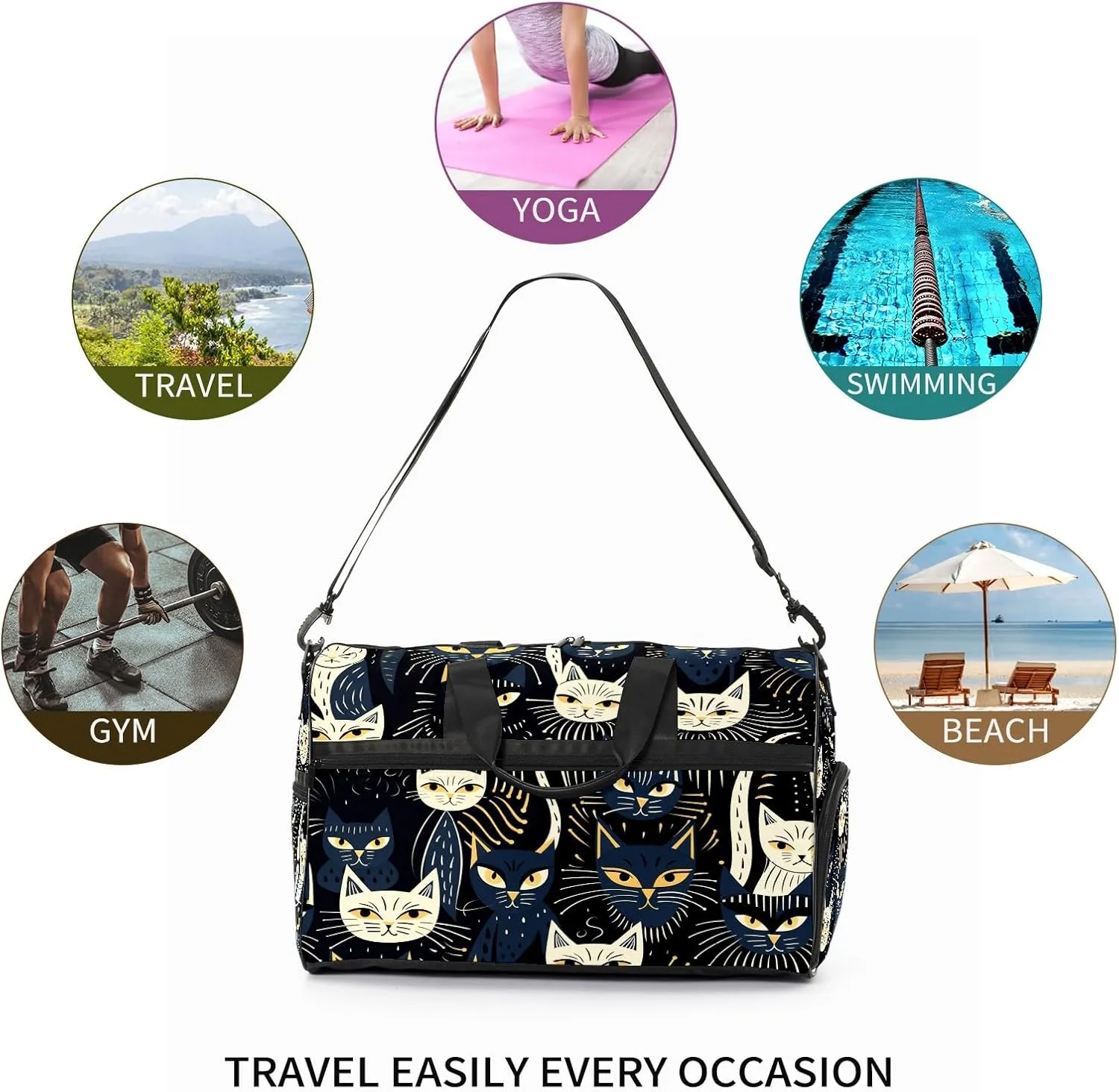 Gym Bag for Women, Carry on Weekender Overnight Bag, Travel Duffel Bags, Personal Item Travel Bag Tote Bag Workout Dance Bag, Cat - 12