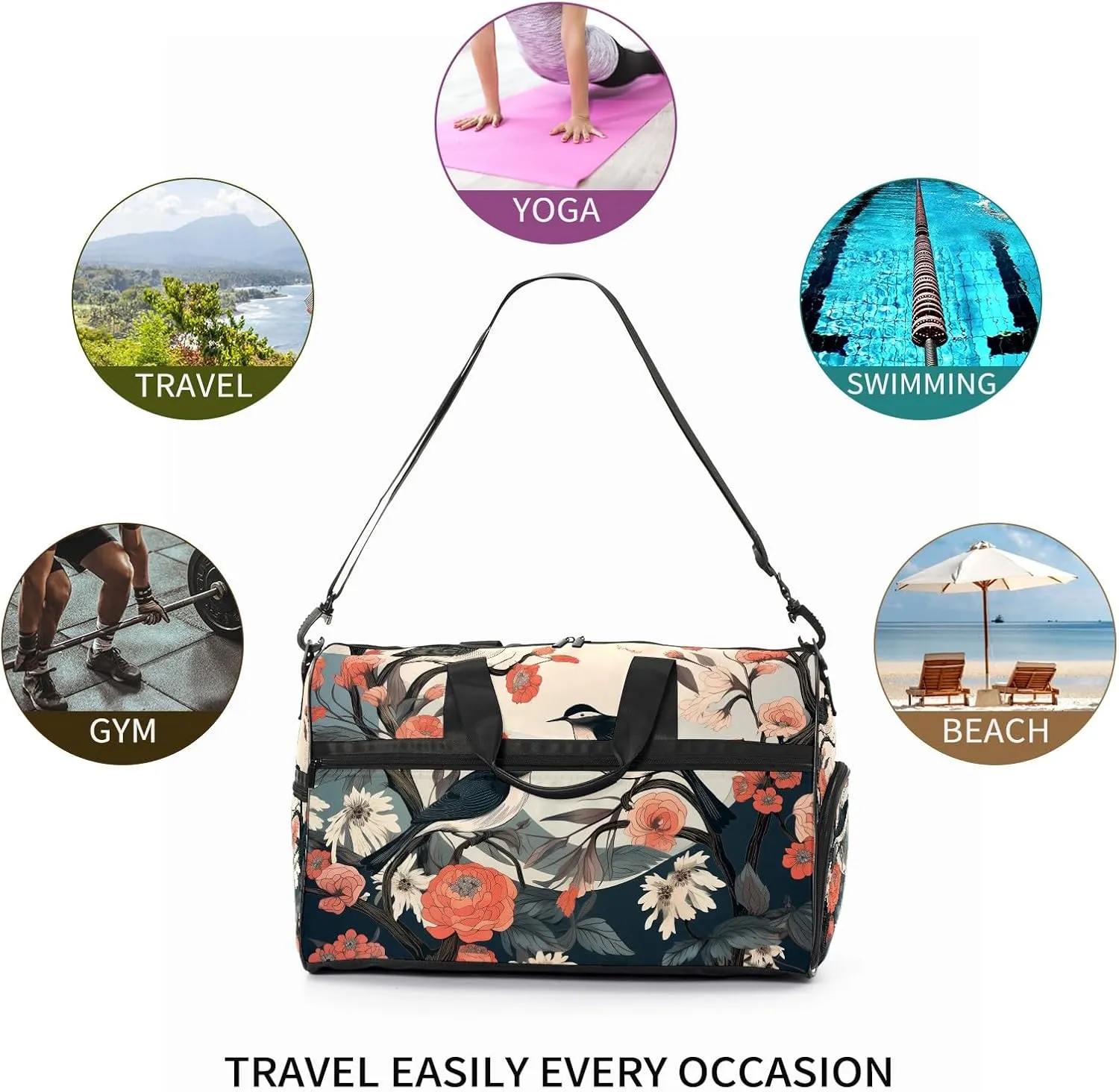 Gym Bag for Women, Carry on Weekender Overnight Bag, Travel Duffel Bags, Personal Item Travel Bag Tote Bag Workout Dance Bag, Chinese Painting Bird - 17
