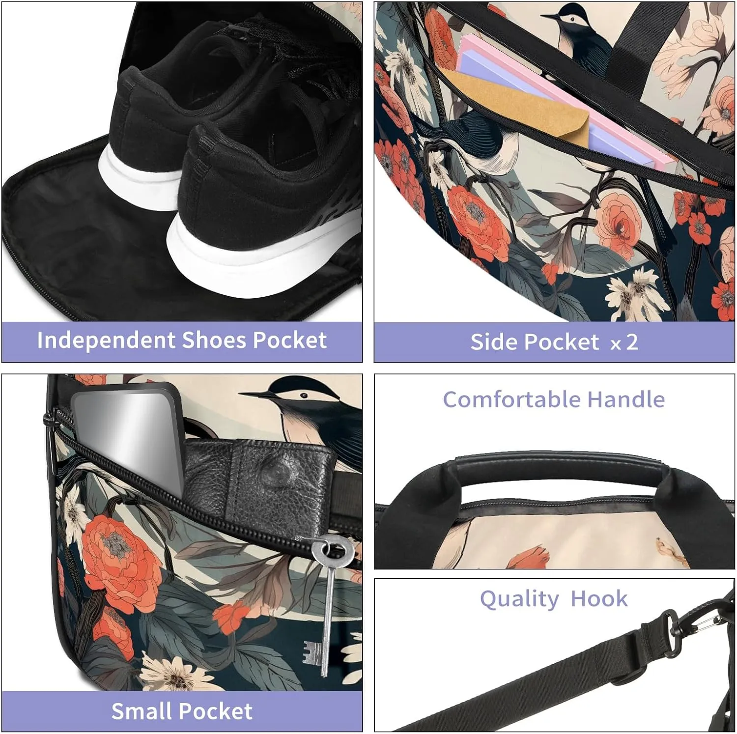 Gym Bag for Women, Carry on Weekender Overnight Bag, Travel Duffel Bags, Personal Item Travel Bag Tote Bag Workout Dance Bag, Chinese Painting Bird - 17