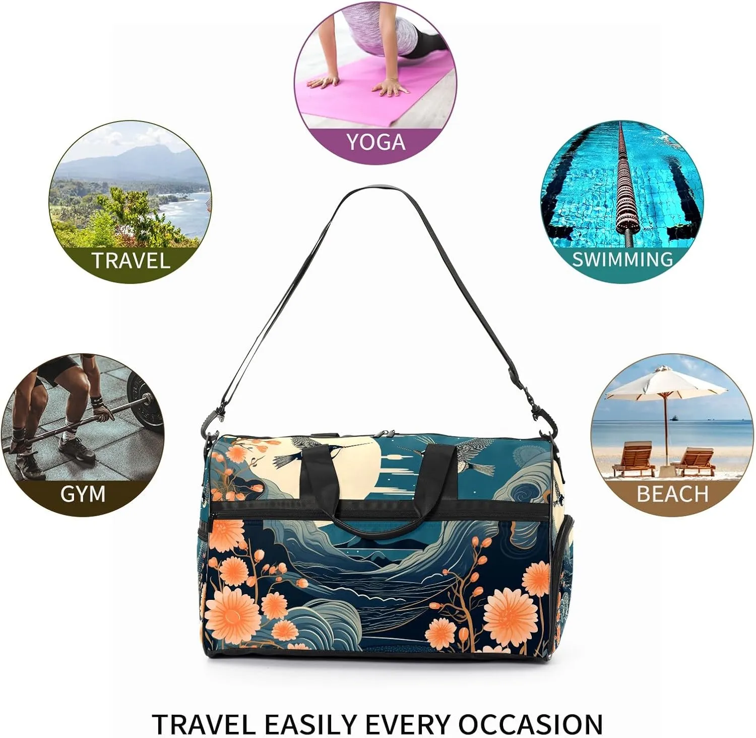 Gym Bag for Women, Carry on Weekender Overnight Bag, Travel Duffel Bags, Personal Item Travel Bag Tote Bag Workout Dance Bag, Chinese Painting Bird - 2