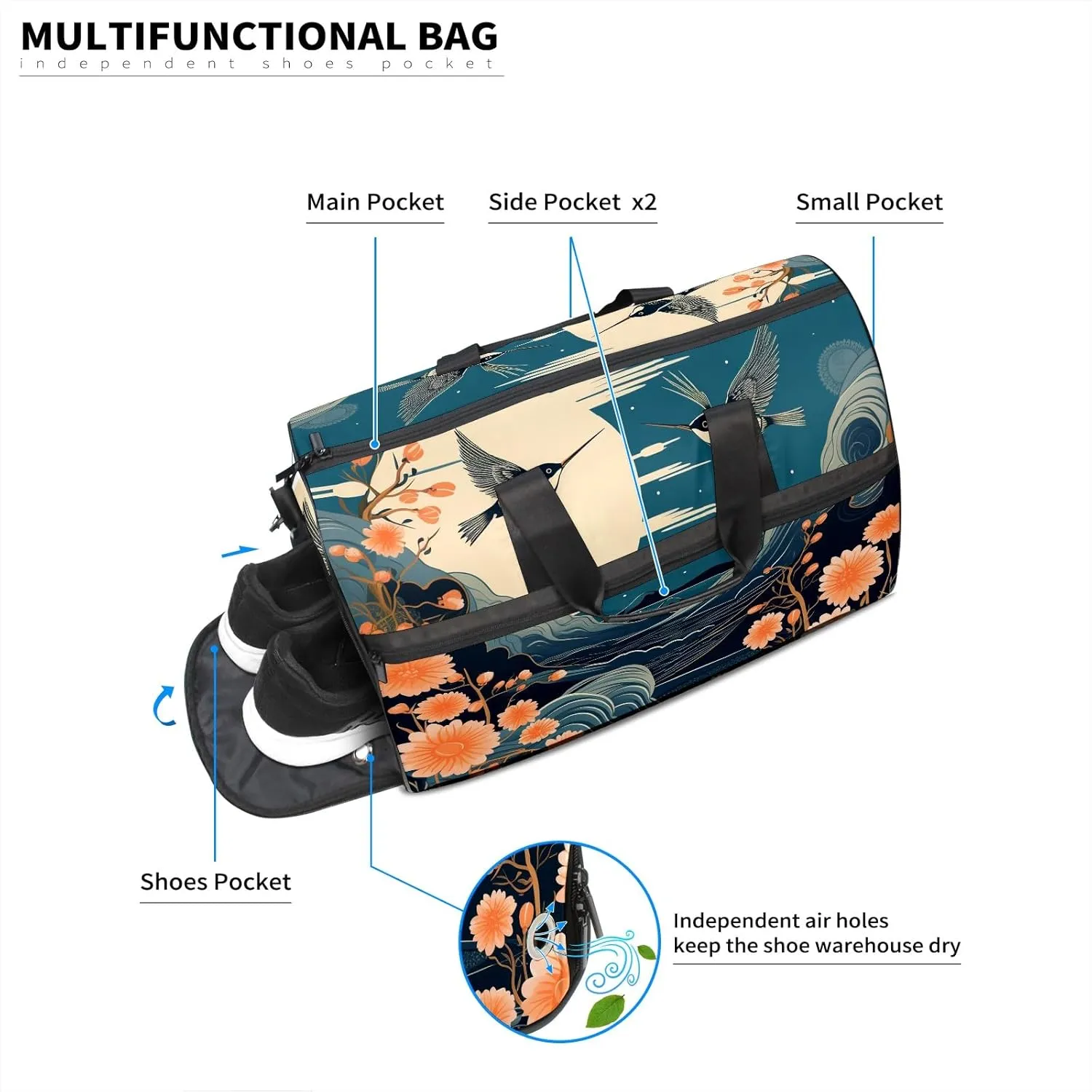 Gym Bag for Women, Carry on Weekender Overnight Bag, Travel Duffel Bags, Personal Item Travel Bag Tote Bag Workout Dance Bag, Chinese Painting Bird - 2