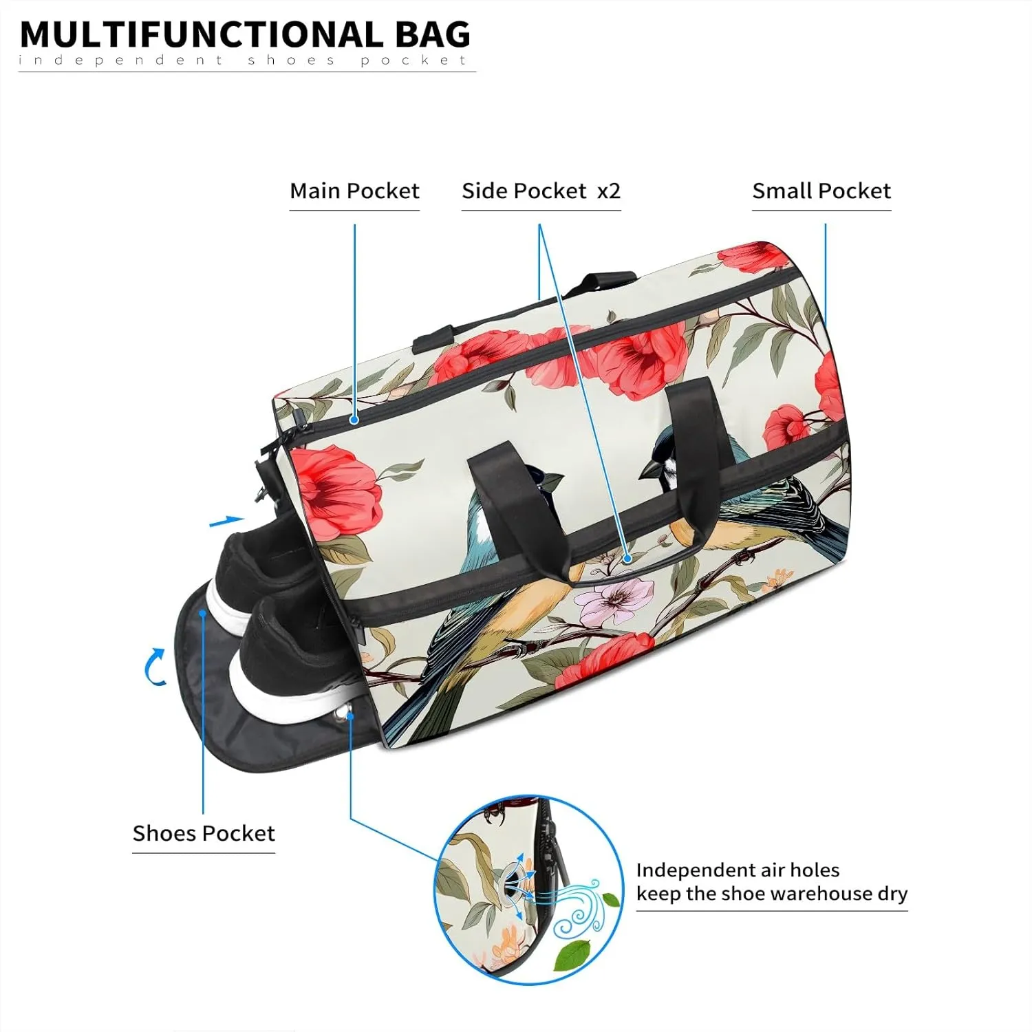 Gym Bag for Women, Carry on Weekender Overnight Bag, Travel Duffel Bags, Personal Item Travel Bag Tote Bag Workout Dance Bag, Chinese Painting Bird - 56