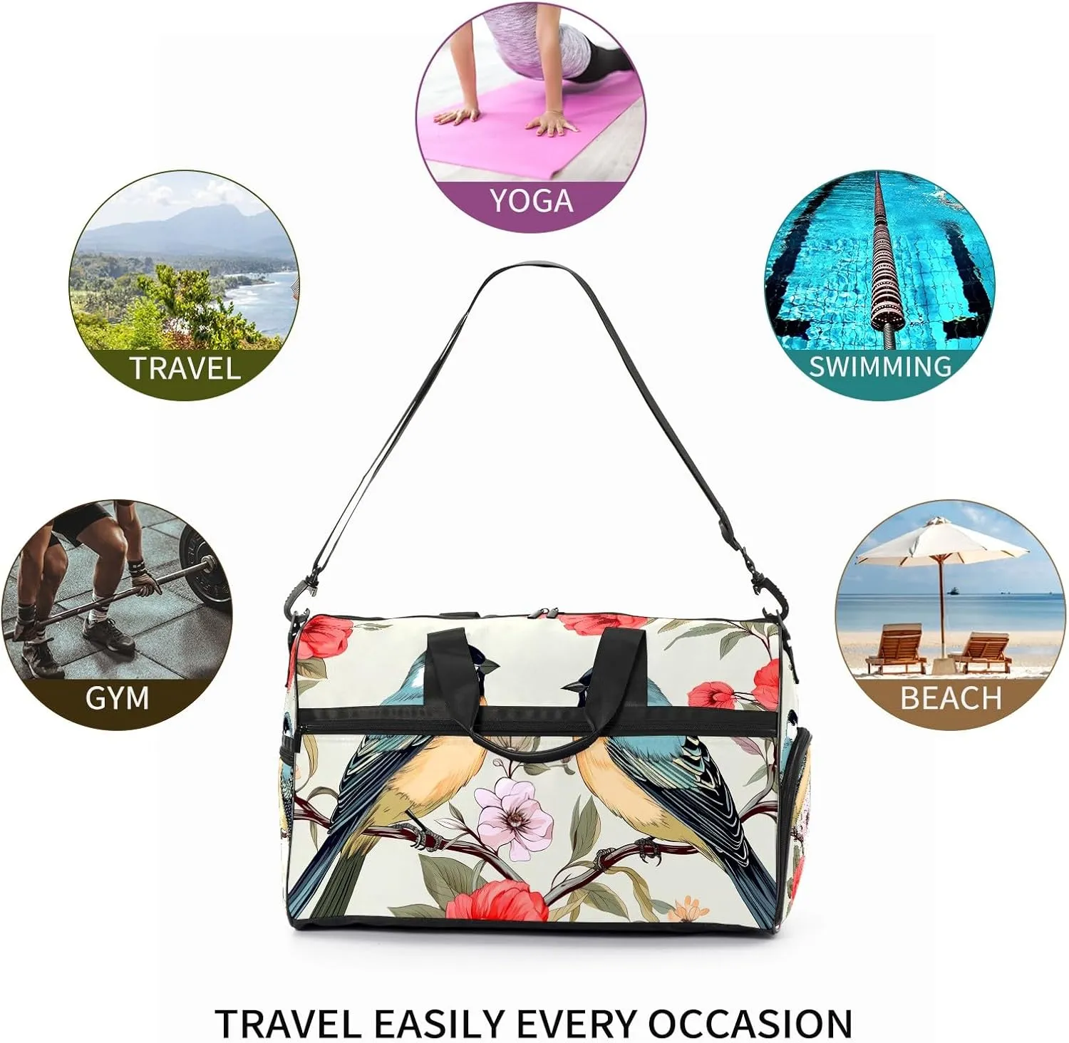 Gym Bag for Women, Carry on Weekender Overnight Bag, Travel Duffel Bags, Personal Item Travel Bag Tote Bag Workout Dance Bag, Chinese Painting Bird - 56