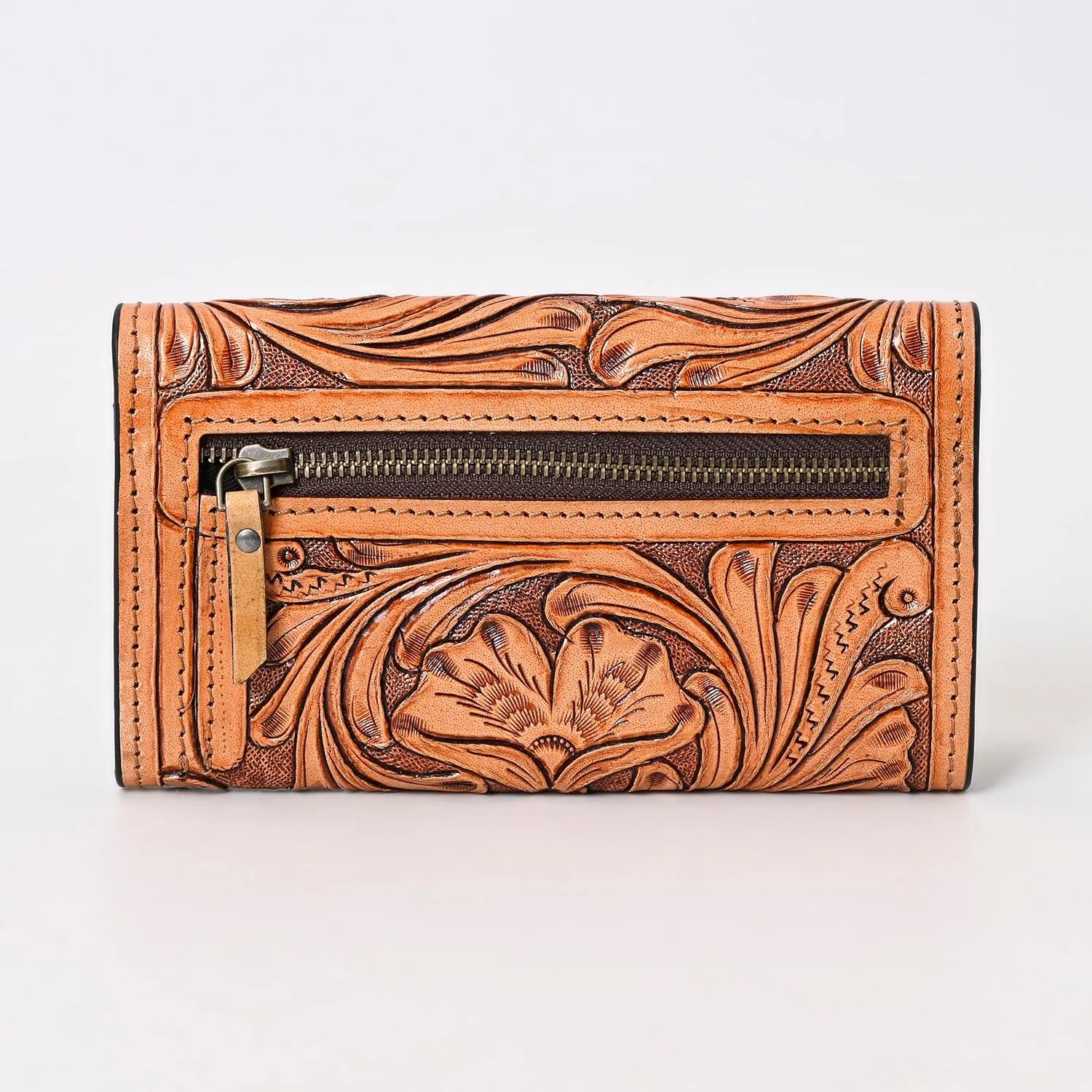 Hantooled Leather Wallet RFID Blocking, Trifold Ladies Purse, Flower Handtooled and Carved long Clutch, 1 Back Zip pocket, Wallet For Women