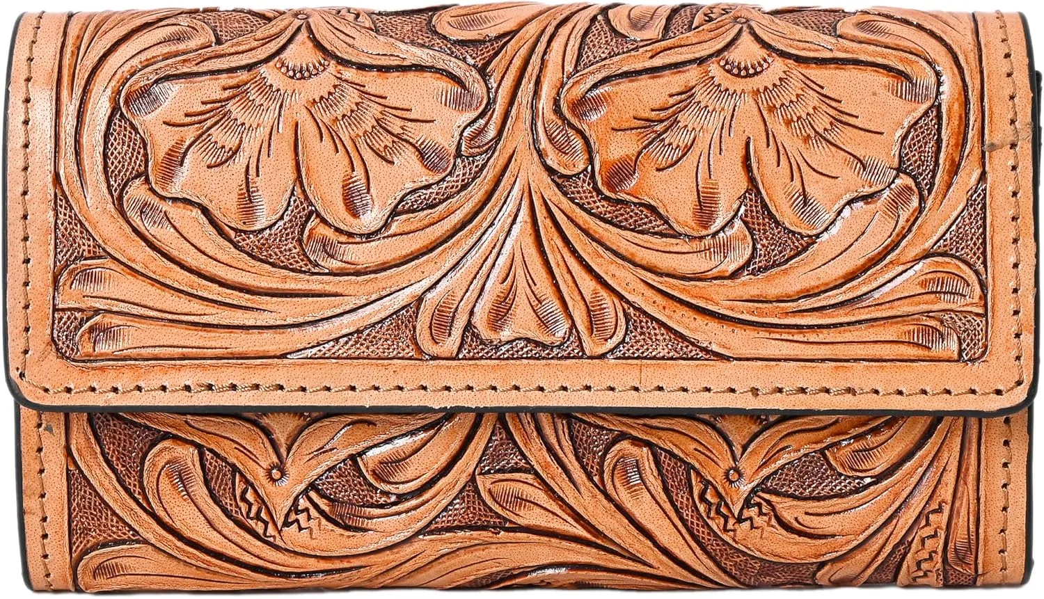 Hantooled Leather Wallet RFID Blocking, Trifold Ladies Purse, Flower Handtooled and Carved long Clutch, 1 Back Zip pocket, Wallet For Women