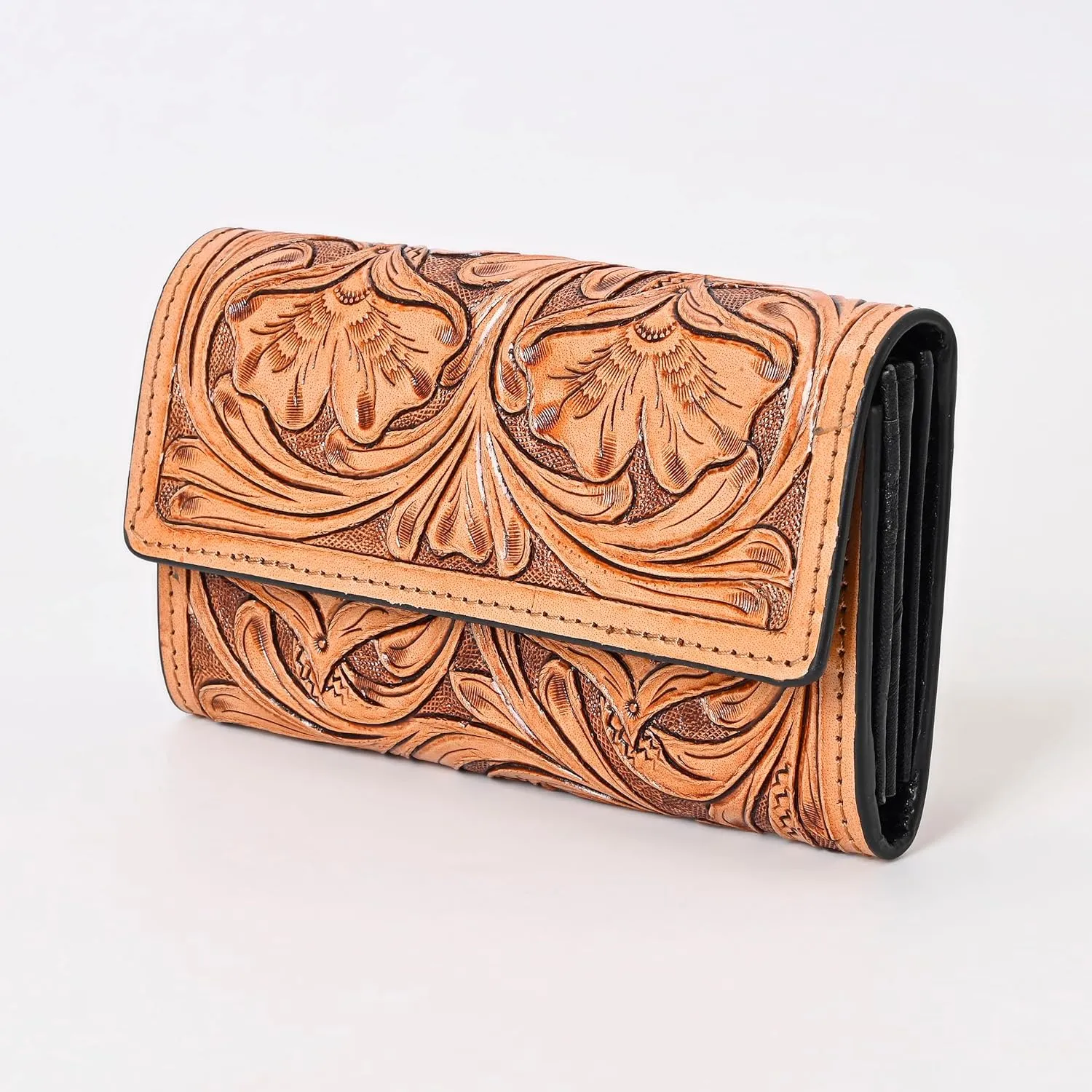 Hantooled Leather Wallet RFID Blocking, Trifold Ladies Purse, Flower Handtooled and Carved long Clutch, 1 Back Zip pocket, Wallet For Women
