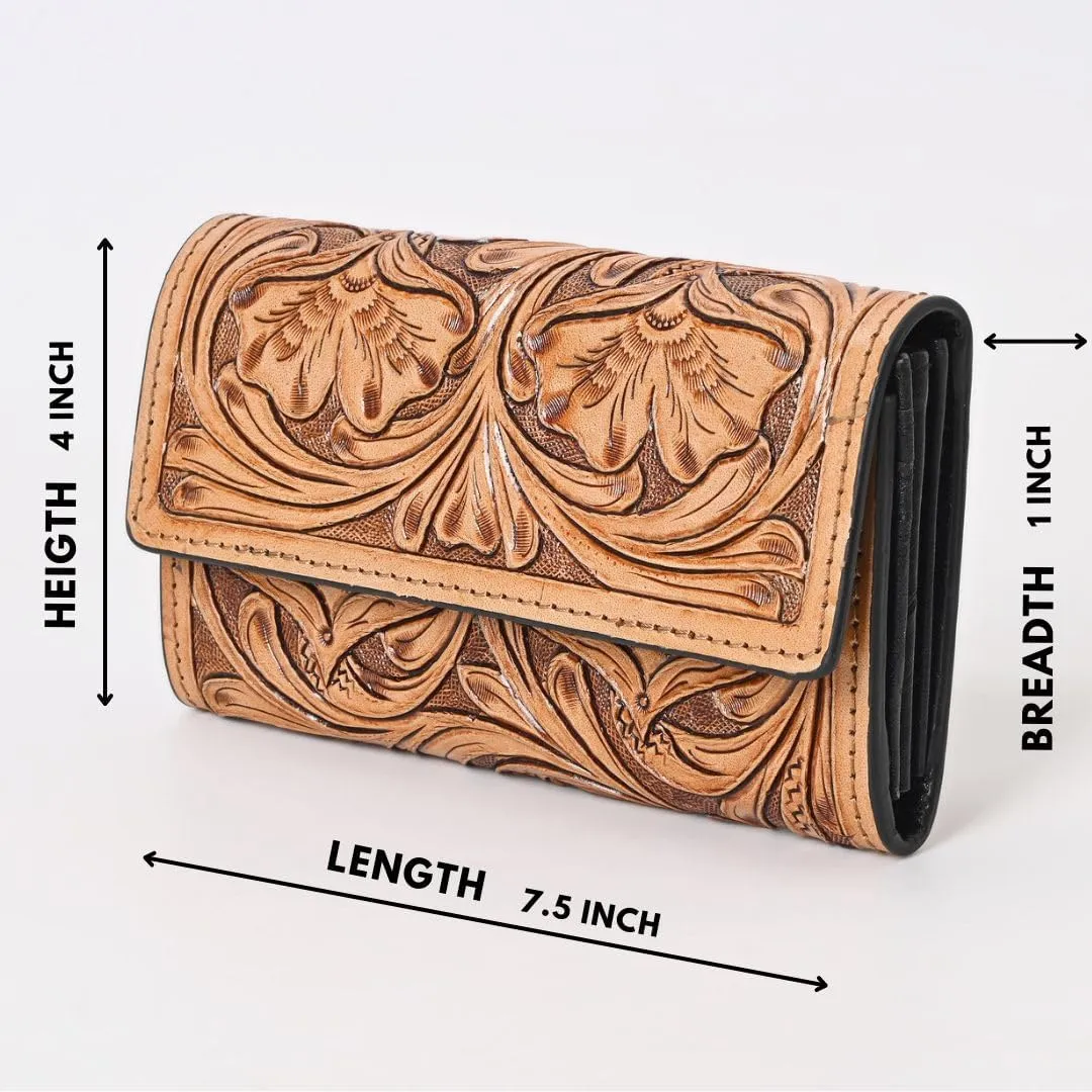 Hantooled Leather Wallet RFID Blocking, Trifold Ladies Purse, Flower Handtooled and Carved long Clutch, 1 Back Zip pocket, Wallet For Women