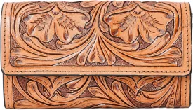 Hantooled Leather Wallet RFID Blocking, Trifold Ladies Purse, Flower Handtooled and Carved long Clutch, 1 Back Zip pocket, Wallet For Women