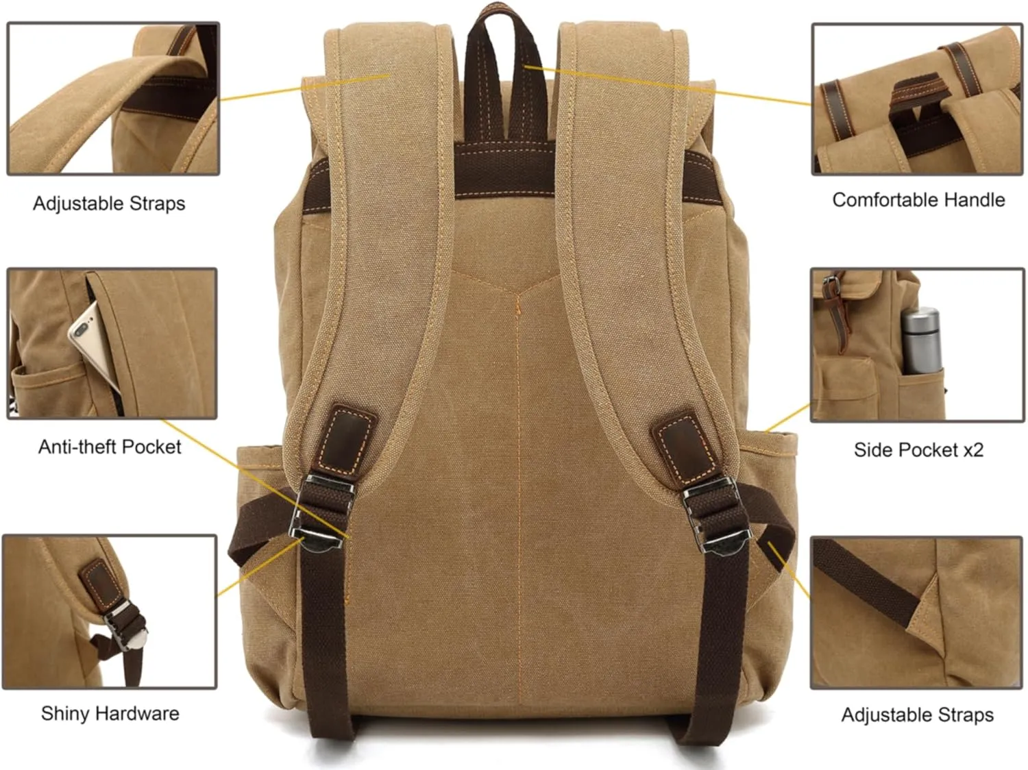HuaChen Vintage Canvas Backpack, Mens Travel Rucksack for Laptop Hiking Bag (M83_Khaki)