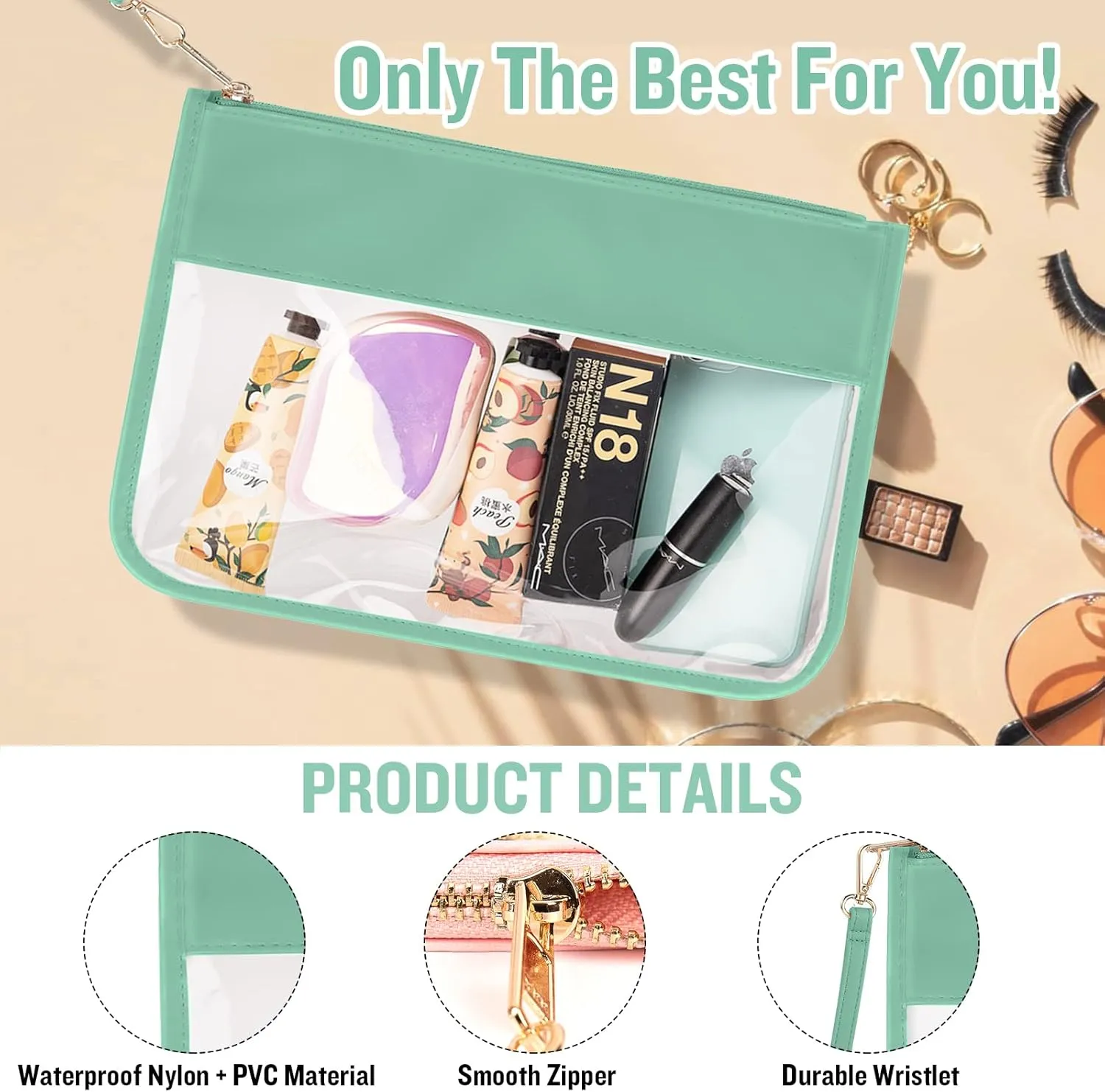 izuzta Clear PVC Flat Pouch, PU Travel Makeup Bag Clear Zipper Pouch with Wristlet, DIY Chenille Letter Bag Waterproof Portable Clear Travel Toiletry Bag Cosmetic Pouch for Women Girls (Green)