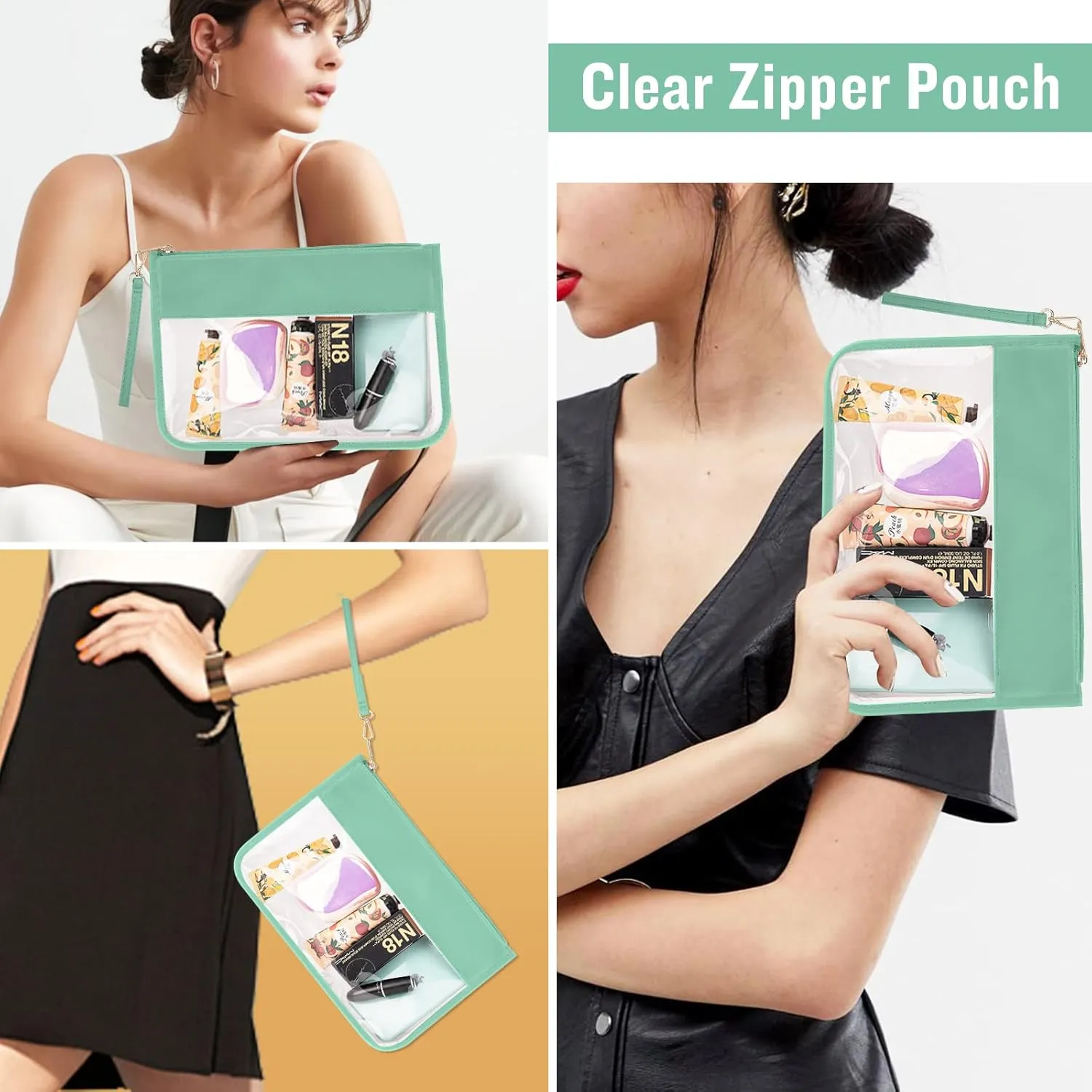 izuzta Clear PVC Flat Pouch, PU Travel Makeup Bag Clear Zipper Pouch with Wristlet, DIY Chenille Letter Bag Waterproof Portable Clear Travel Toiletry Bag Cosmetic Pouch for Women Girls (Green)