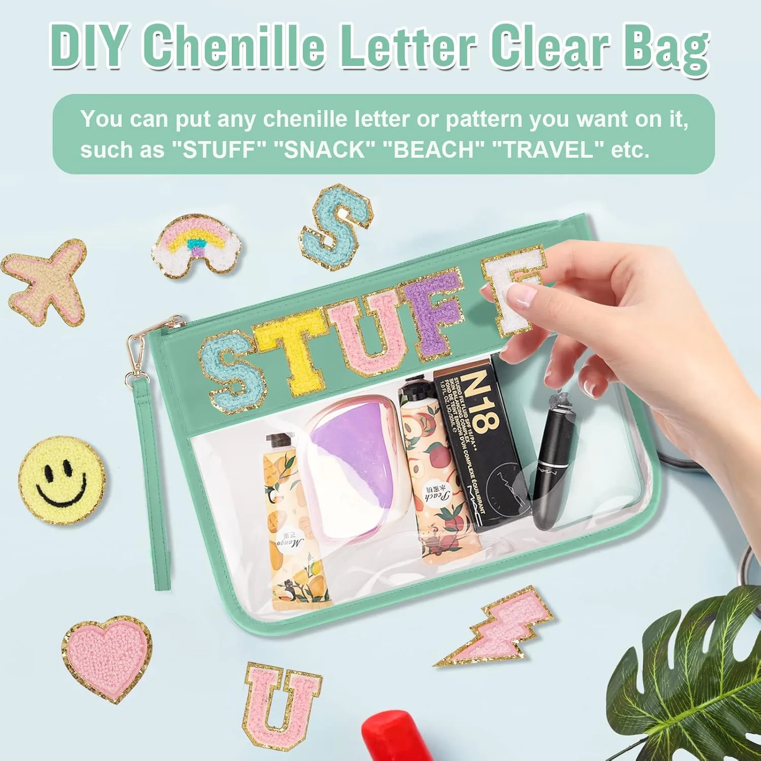 izuzta Clear PVC Flat Pouch, PU Travel Makeup Bag Clear Zipper Pouch with Wristlet, DIY Chenille Letter Bag Waterproof Portable Clear Travel Toiletry Bag Cosmetic Pouch for Women Girls (Green)