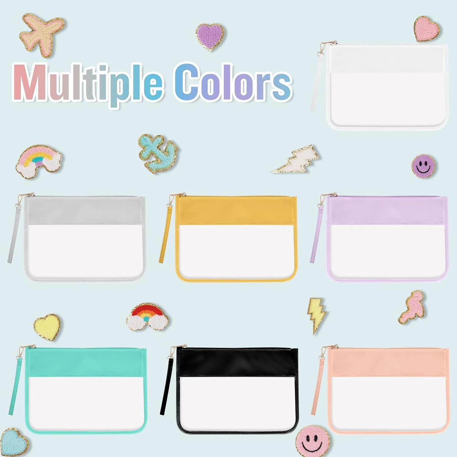 izuzta Clear PVC Flat Pouch, PU Travel Makeup Bag Clear Zipper Pouch with Wristlet, DIY Chenille Letter Bag Waterproof Portable Clear Travel Toiletry Bag Cosmetic Pouch for Women Girls (Green)