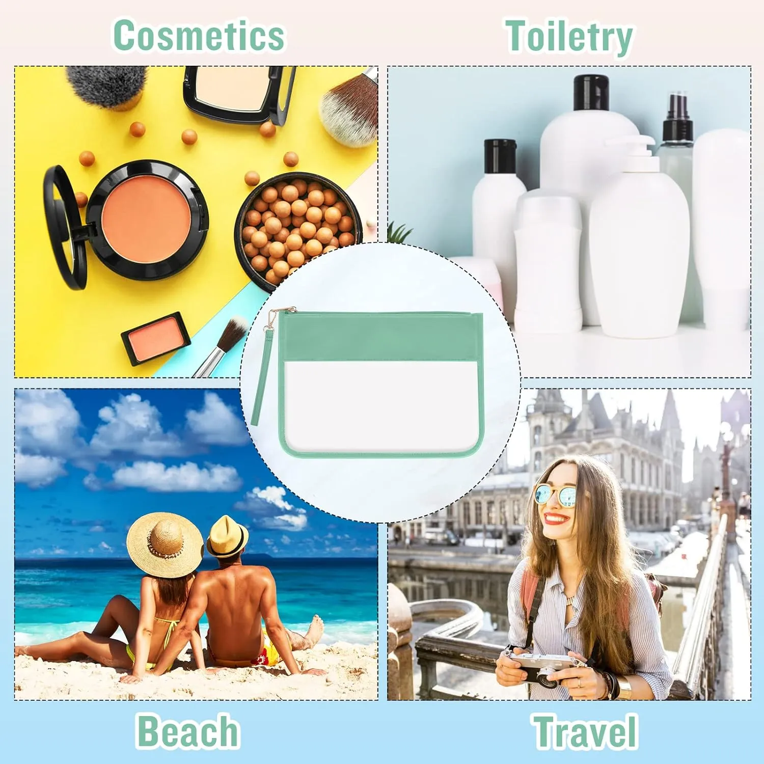 izuzta Clear PVC Flat Pouch, PU Travel Makeup Bag Clear Zipper Pouch with Wristlet, DIY Chenille Letter Bag Waterproof Portable Clear Travel Toiletry Bag Cosmetic Pouch for Women Girls (Green)