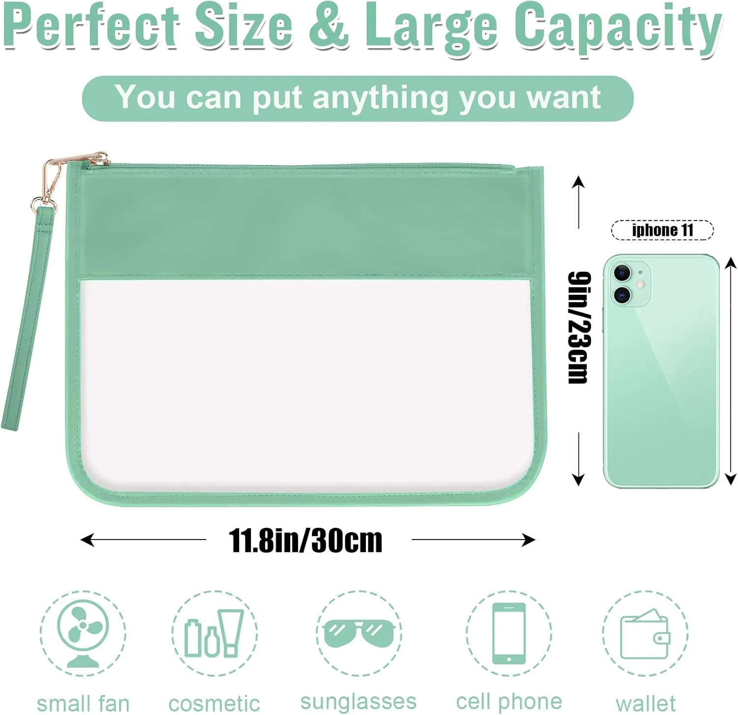 izuzta Clear PVC Flat Pouch, PU Travel Makeup Bag Clear Zipper Pouch with Wristlet, DIY Chenille Letter Bag Waterproof Portable Clear Travel Toiletry Bag Cosmetic Pouch for Women Girls (Green)