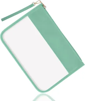 izuzta Clear PVC Flat Pouch, PU Travel Makeup Bag Clear Zipper Pouch with Wristlet, DIY Chenille Letter Bag Waterproof Portable Clear Travel Toiletry Bag Cosmetic Pouch for Women Girls (Green)