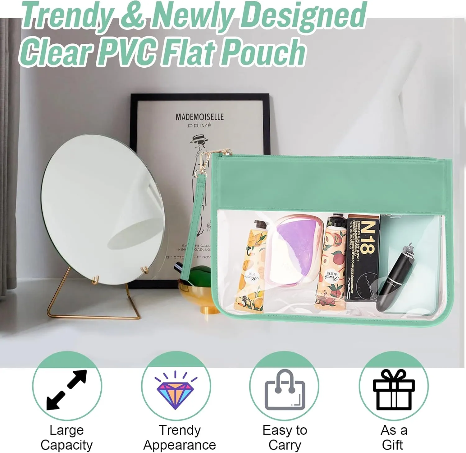 izuzta Clear PVC Flat Pouch, PU Travel Makeup Bag Clear Zipper Pouch with Wristlet, DIY Chenille Letter Bag Waterproof Portable Clear Travel Toiletry Bag Cosmetic Pouch for Women Girls (Green)