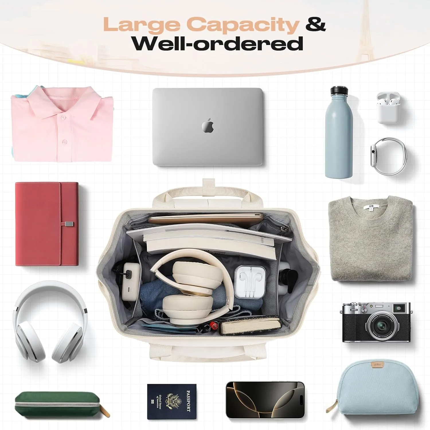 Maelstrom Travel Backpack for Women Men,Laptop Backpack Fits 15.6-17.3 Inch Laptop, Nurse/Teacher/Work Bag with Insulated Lunch Box,Water Resistant Carry On Backpack,Beige