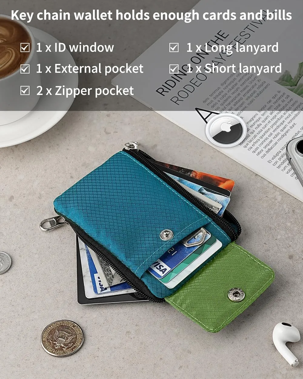 Minimalist Wallet For Mens Womens, Keychain RFID Blocking Zipper Small Wallet with ID Window 2 Lanyards,Water Resistant Travel Cash Card Coin Case Boys Girls
