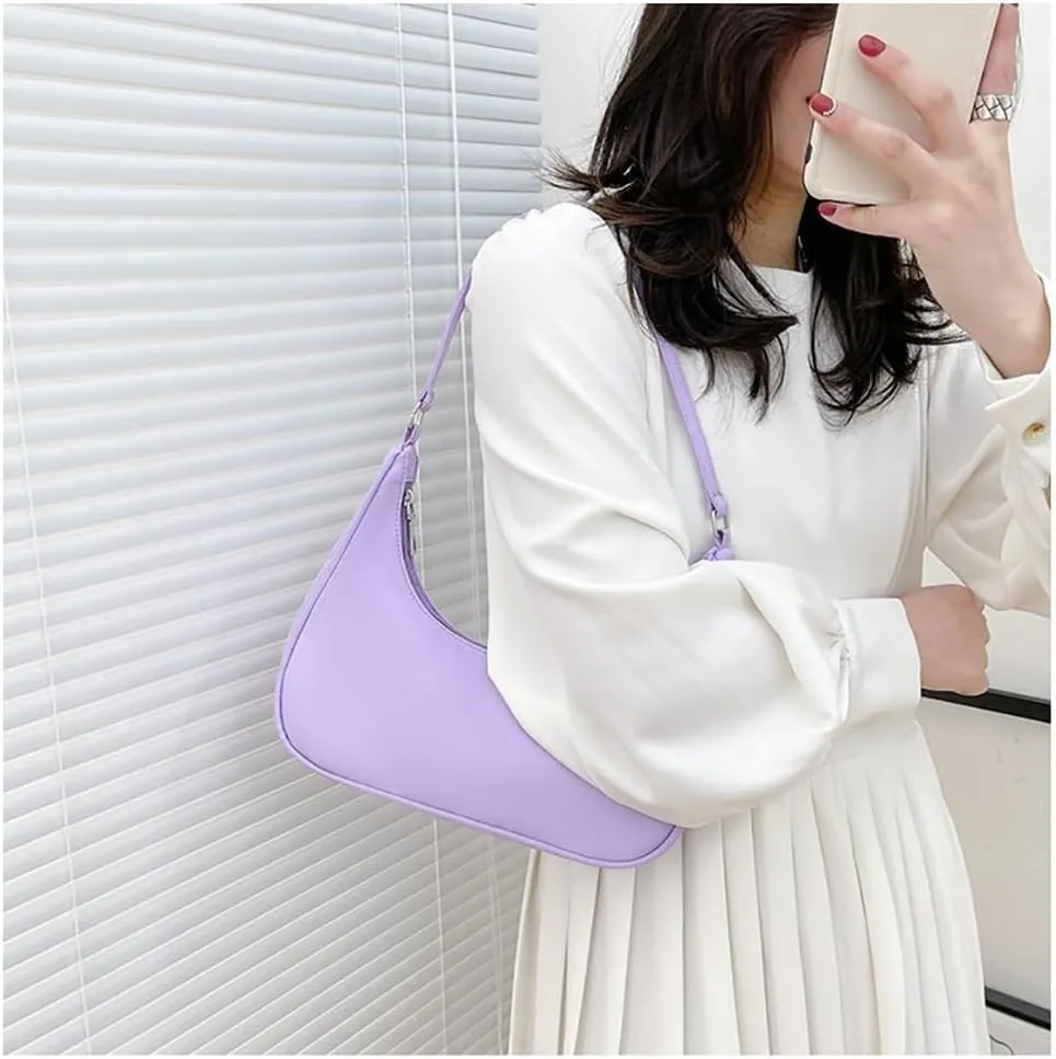 Nylon Purple Shoulder Bag Cute Hobo Tote Under The Arm Purse Underarm Bag Crossbody Bag For Women Mini Clutch Purse With Zipper Closure