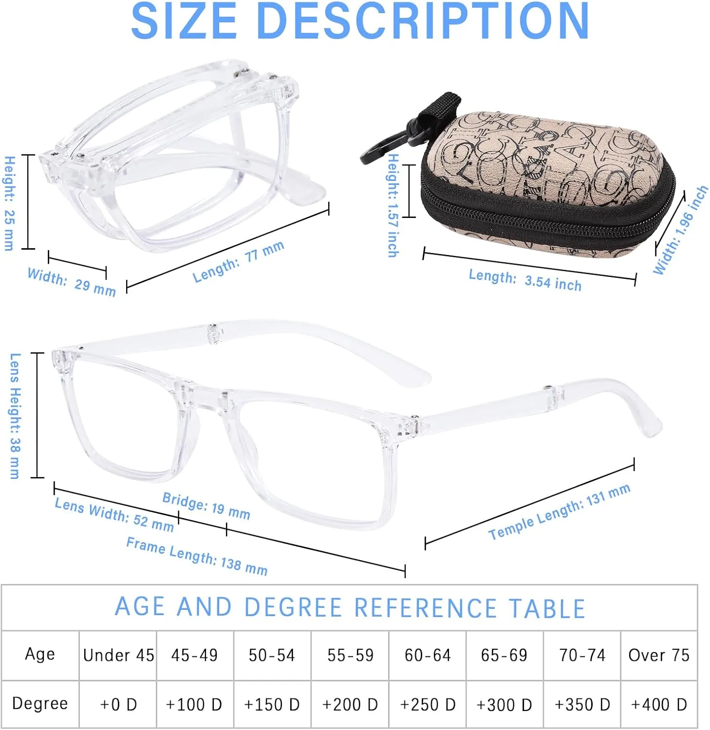 OPTOFENDY Folding Reading Glasses for Women Men, Small Spring Hinge Readers, Portable Blue Light Glasses with Zipper Case