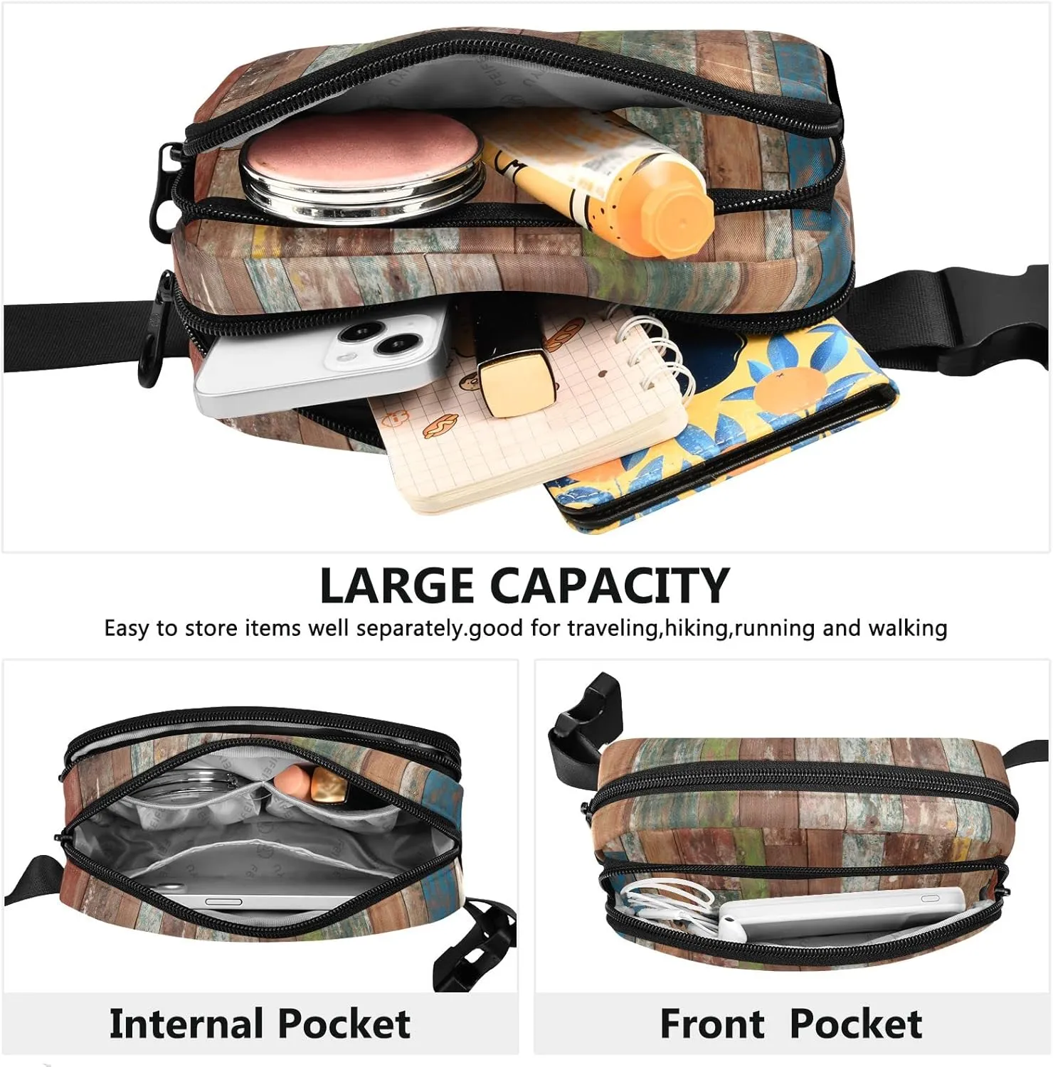 Oyihfvs Abstract Grunge Wooden Texture Background Brown Pattern Adjustable Fanny Waist Pack Pouch, Waterproof Runners Sports Waist Pack Wallet for Sports Hiking Fitness Cycling Gym Women Men
