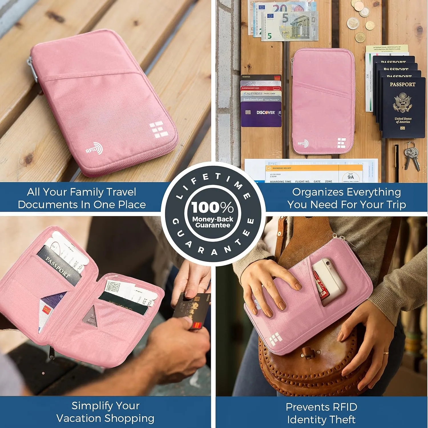 Passport Holder Family up to 6 Passports, Large Passport Wallet and Premium Travel Document Holder Organizer with RFID Anti-Theft Blocking - 7 Bonus RFID Blocking Sleeves - Rose