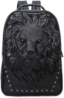Personalized 3D Lion PU Leather Casual Laptop Backpack for Men Durable Travel Daypack (Black color)