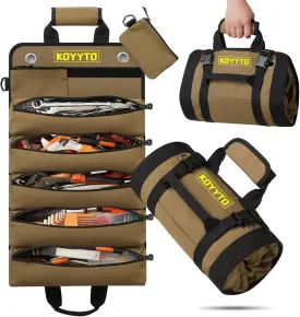 Premium Tool Roll up Bag - Heavy Duty Small Tool Bag Organizer and Storage with W/Detachable Pouches,Waterproof Oxford Cloth,Suitable for Motorcycle,Truck,Electrician,Mechanics etc,Brown