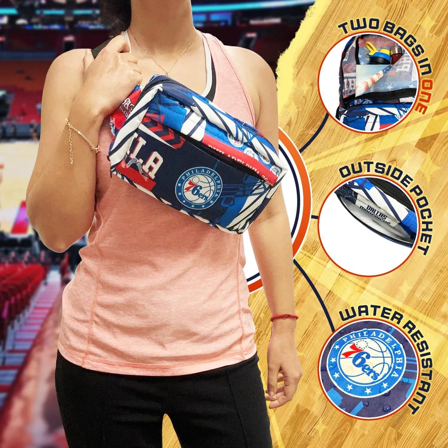 Pro Specialties Group Philadelphia 76ers Transformable 2-in-1 Mini Backpack: Convertible, Stylish, water-resistant travel belt bag.
